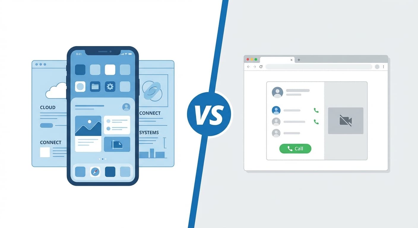 Split-screen comparison: left half shows a blue-toned smartphone, right half shows a browser calling interface, VS divider in center