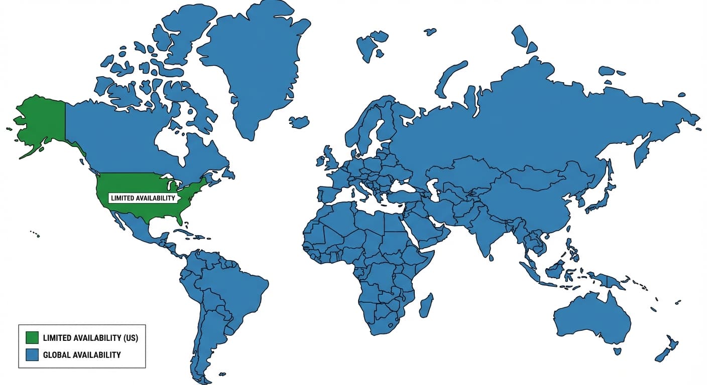 World map with US highlighted in green showing limited availability, all other countries shaded in blue showing global access