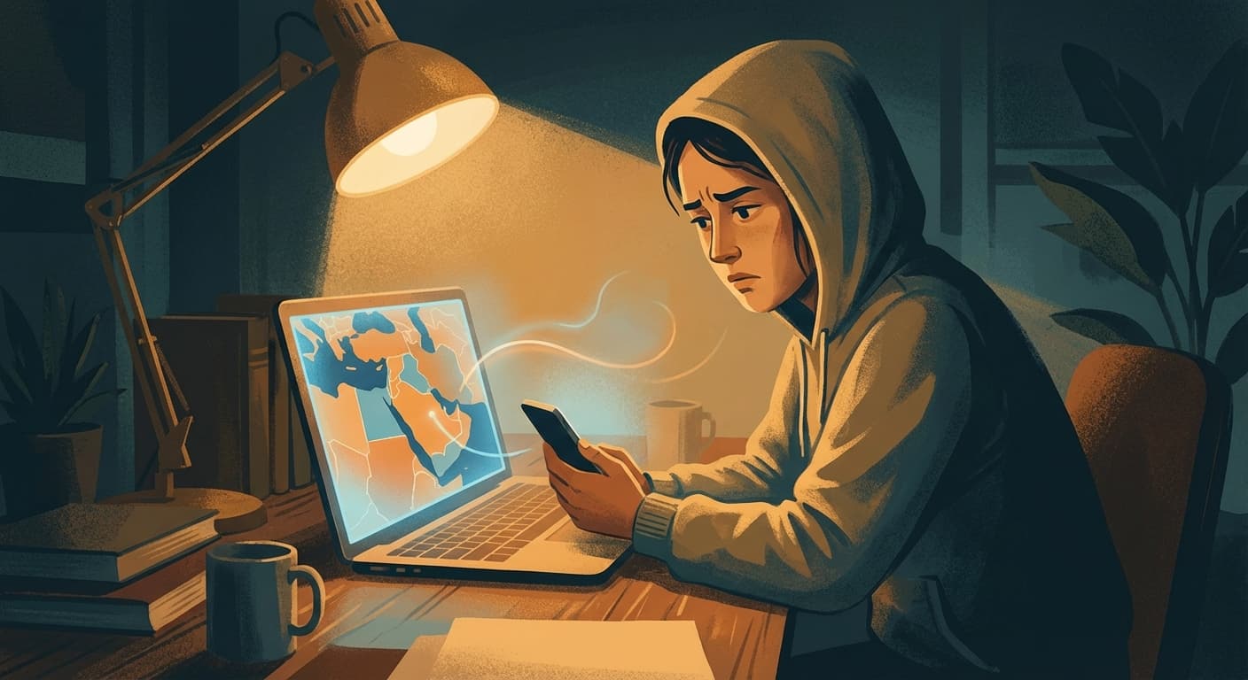 Person at desk looking at Middle East map on laptop, concerned expression, warm amber tones