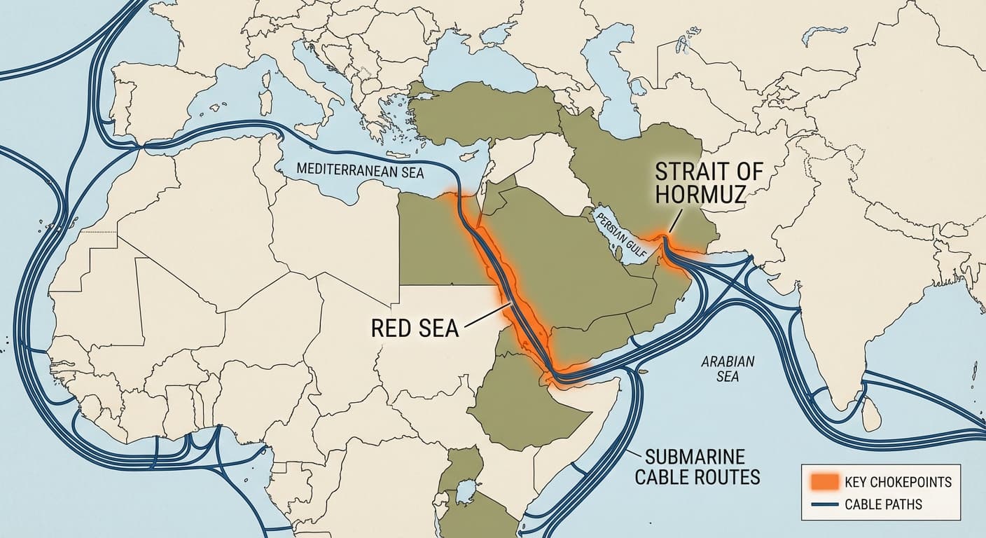 Infographic map of Middle East showing Strait of Hormuz and Red Sea submarine cable routes highlighted in orange
