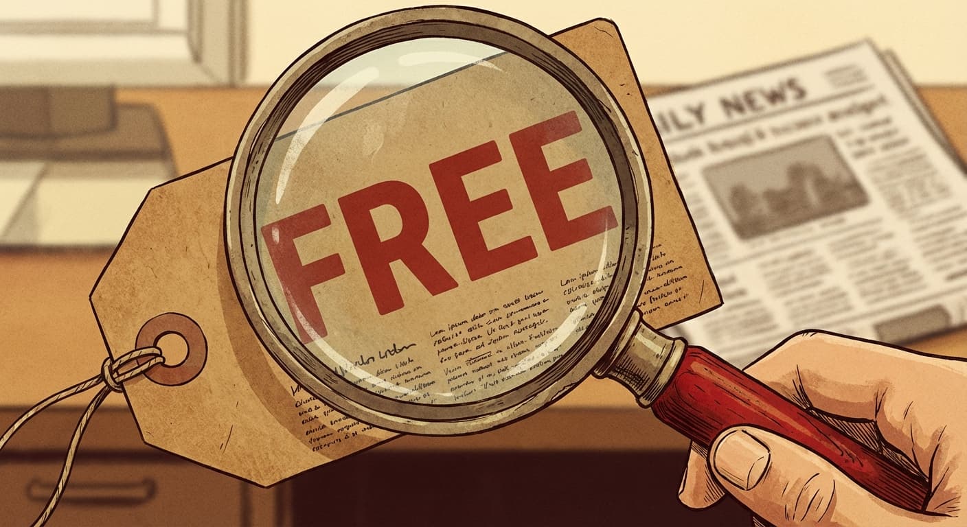 Magnifying glass held over a FREE price tag revealing fine print underneath — editorial illustration, muted warm tones, red accent on magnifying glass