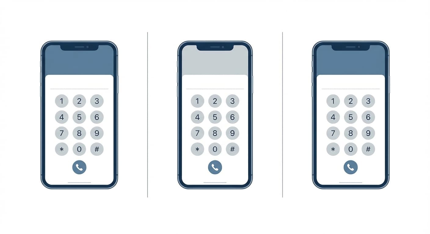 Three smartphone screens side by side each showing a generic phone dialer interface, professional editorial style