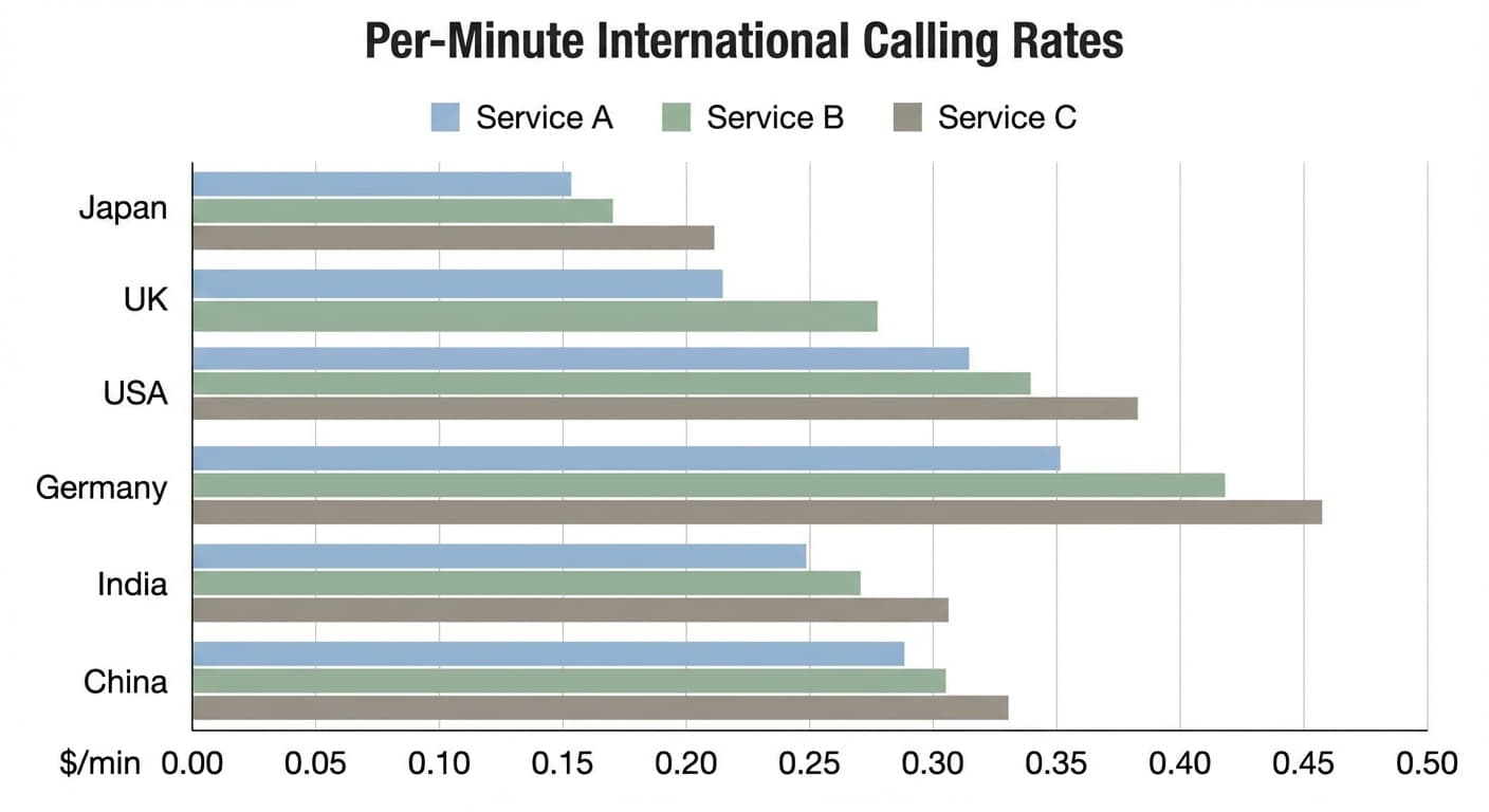 Bar chart comparing per-minute international calling rates across three anonymous services to 6 countries