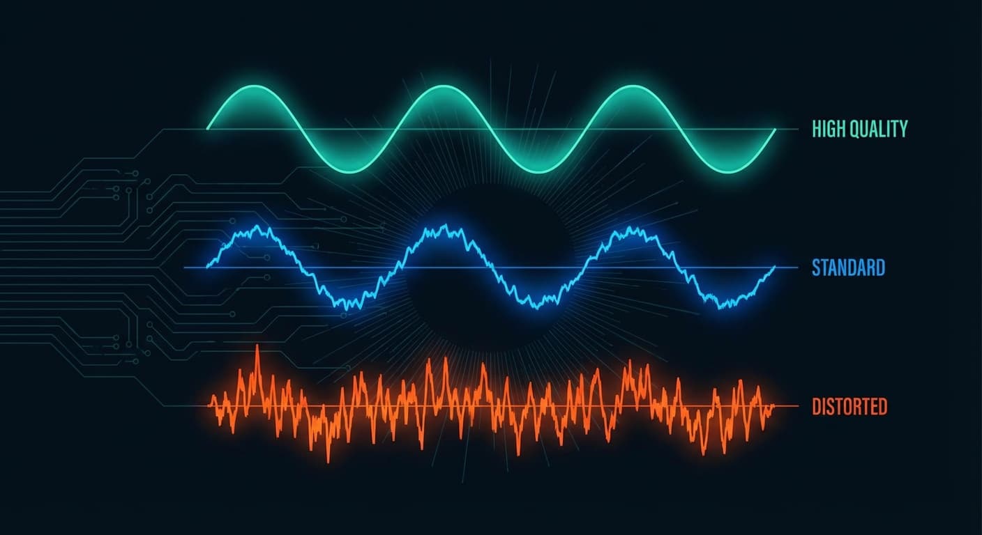 Three stacked audio waveforms on a dark background: top smooth and full quality, middle rougher, bottom choppy and distorted