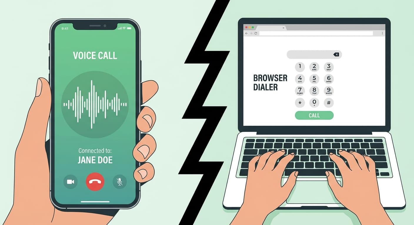Split illustration: left half smartphone with green voice call screen and waveform, right half laptop browser with traditional calling interface, separated by zigzag line