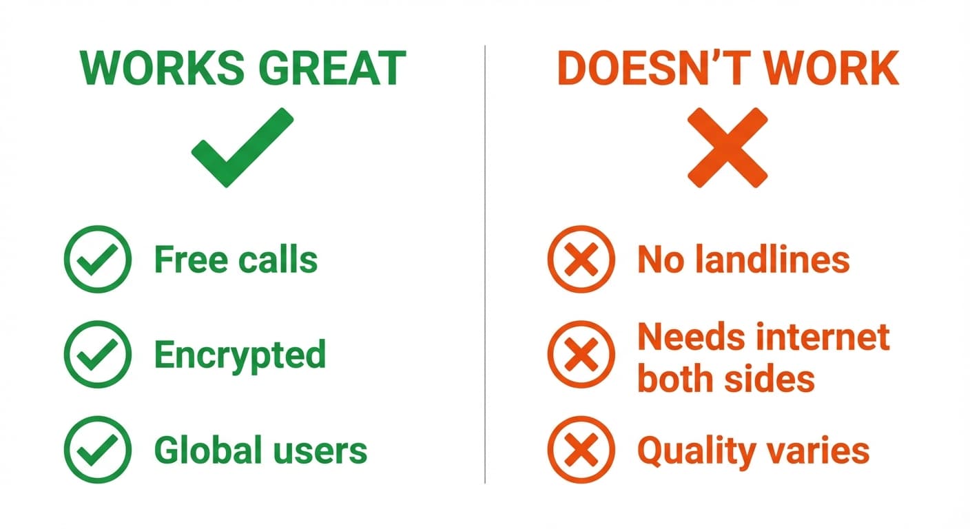 Two-column infographic: green column "Works great" with checkmarks for free calls, encrypted, global users; orange column "Doesn't work" with X marks for no landlines, needs internet both sides, quality varies