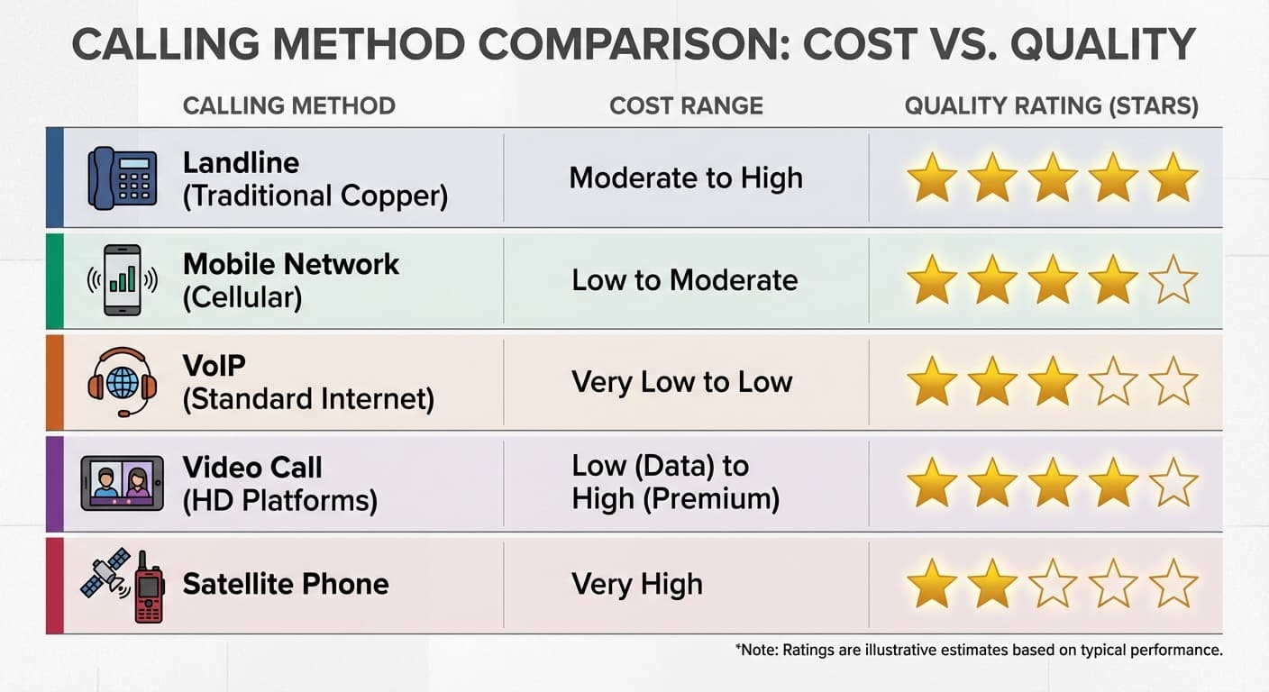 Infographic comparison table showing five calling methods with cost range and quality star ratings per row