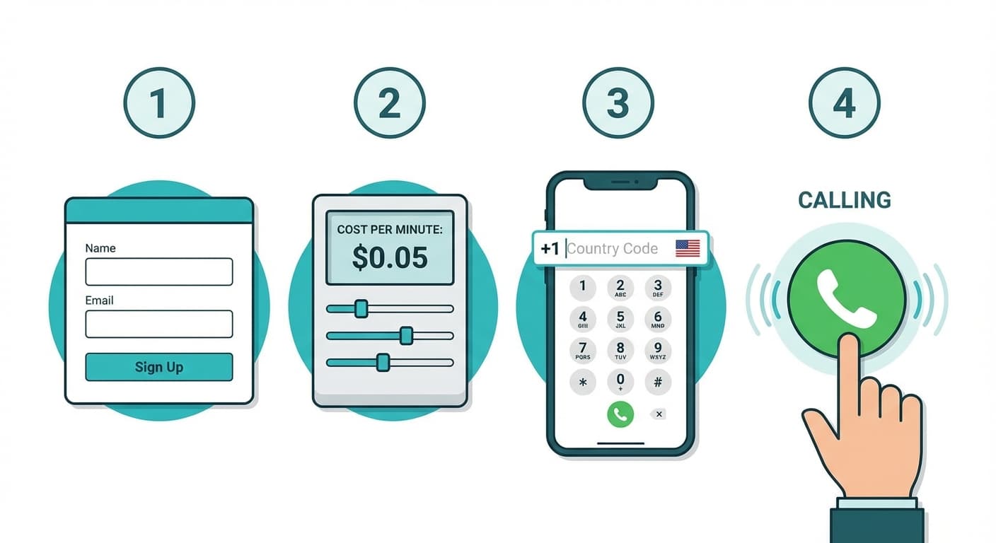 Four-step visual guide: Step 1 email signup, Step 2 rate calculator, Step 3 dial pad with country code, Step 4 green call button — horizontal layout with numbered circles