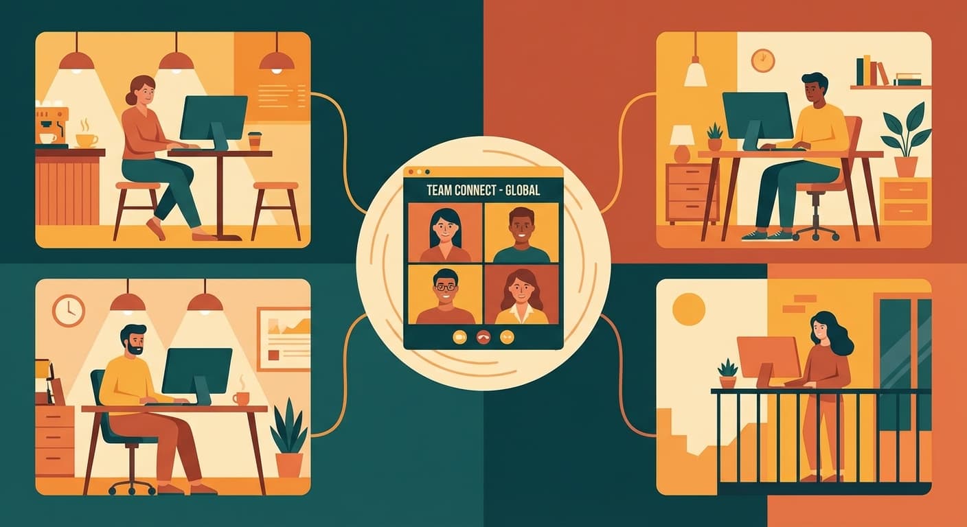Illustration of distributed remote team — 3-4 people in separate workspace panels each at a computer, connected by lines to a central browser calling interface
