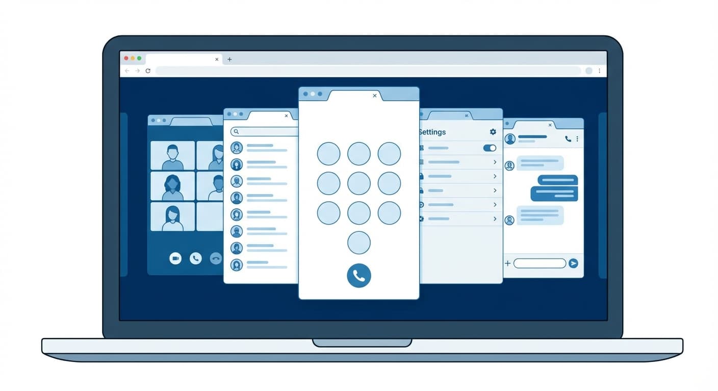 Overhead view of laptop with multiple browser tabs each showing a different calling service dialer interface, cool blue tones