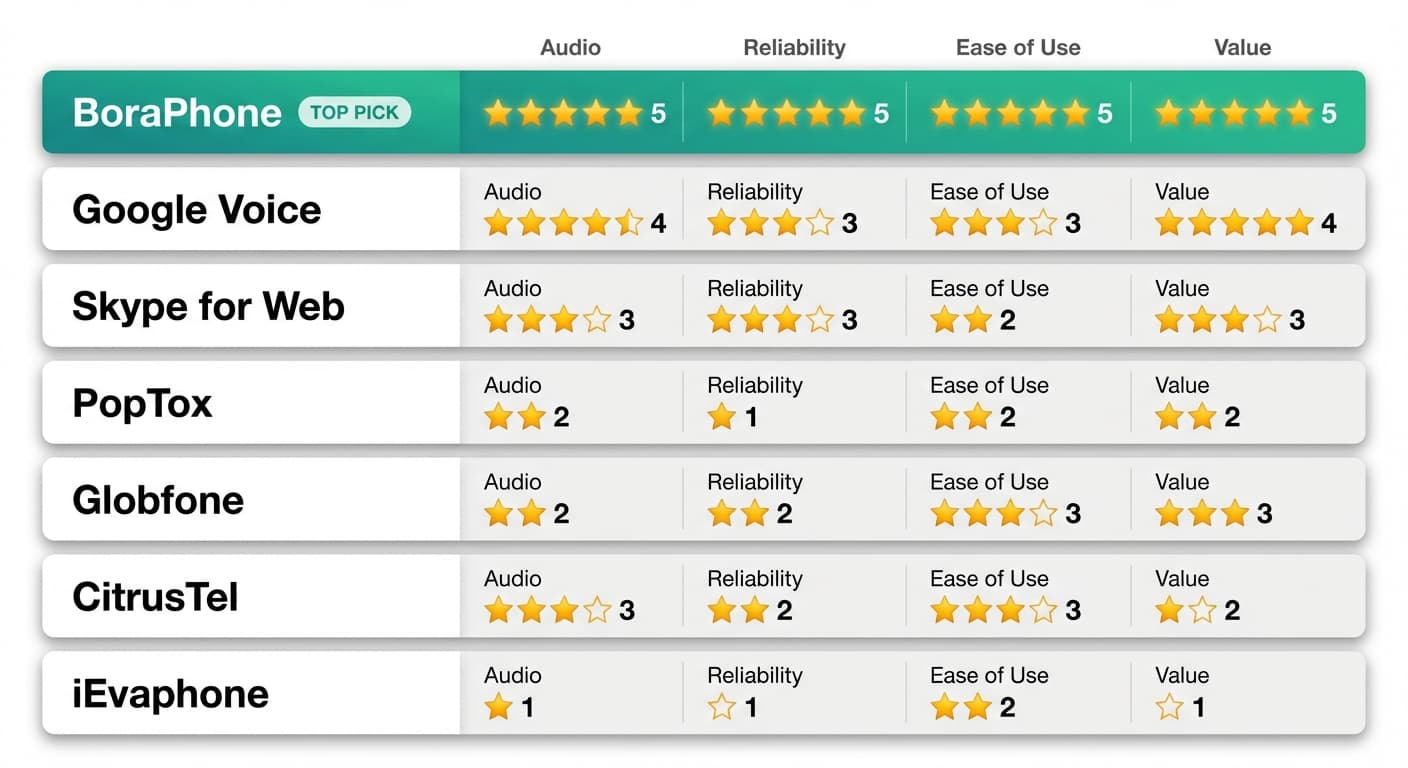 Rating comparison graphic showing 7 calling services as horizontal cards with five-star ratings for Quality, Reliability, Value — top card highlighted in teal