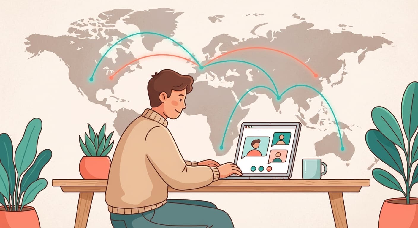 Person at desk with laptop showing browser calling interface, world map with connection lines in background, teal and coral tones