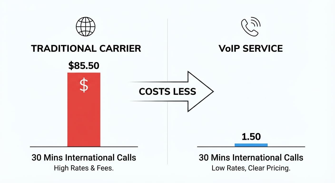 Side-by-side cost comparison infographic: carrier phone bill showing large cost vs VoIP service showing much lower cost for 30 minutes